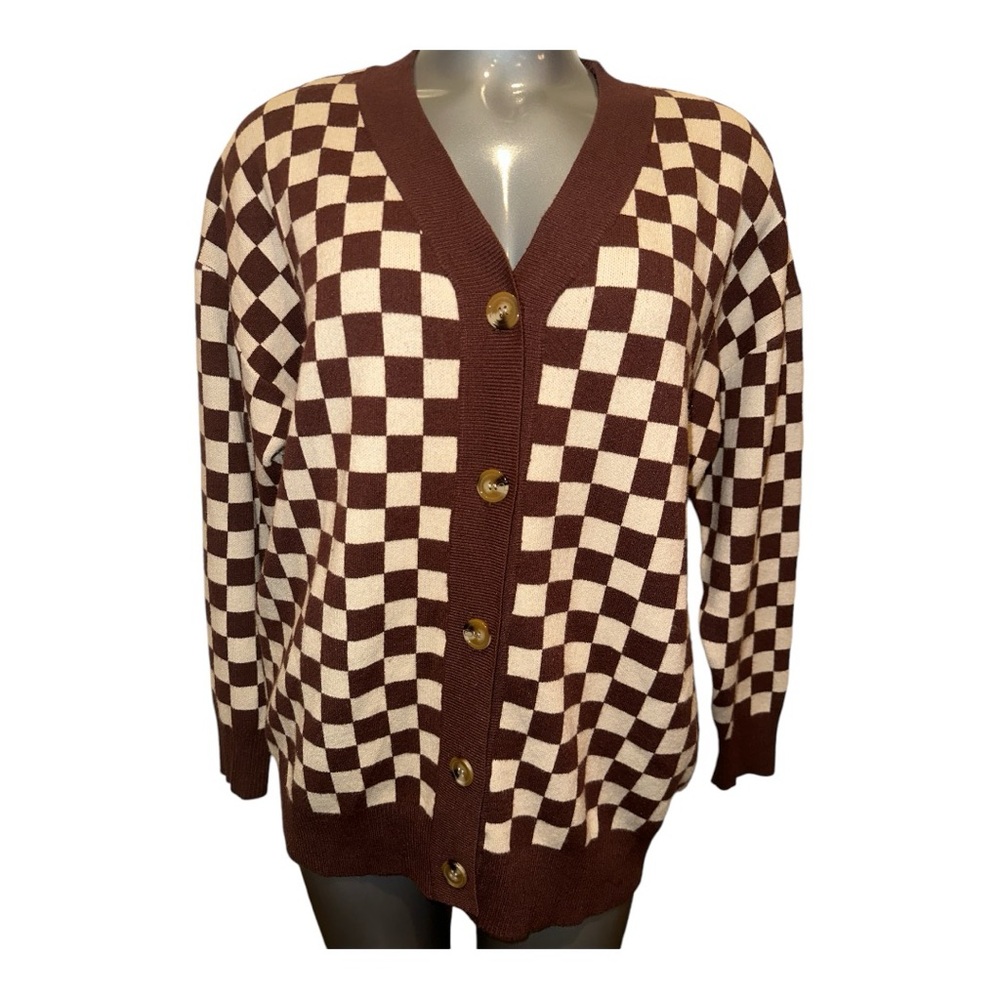 12th Tribe Brown and Cream Checkerboard Button-Up Cardigan